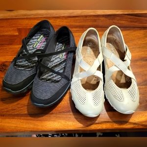 Skechers Leather & Mesh X-Strap Shoes Women's Size 8 Natural & Cream&black